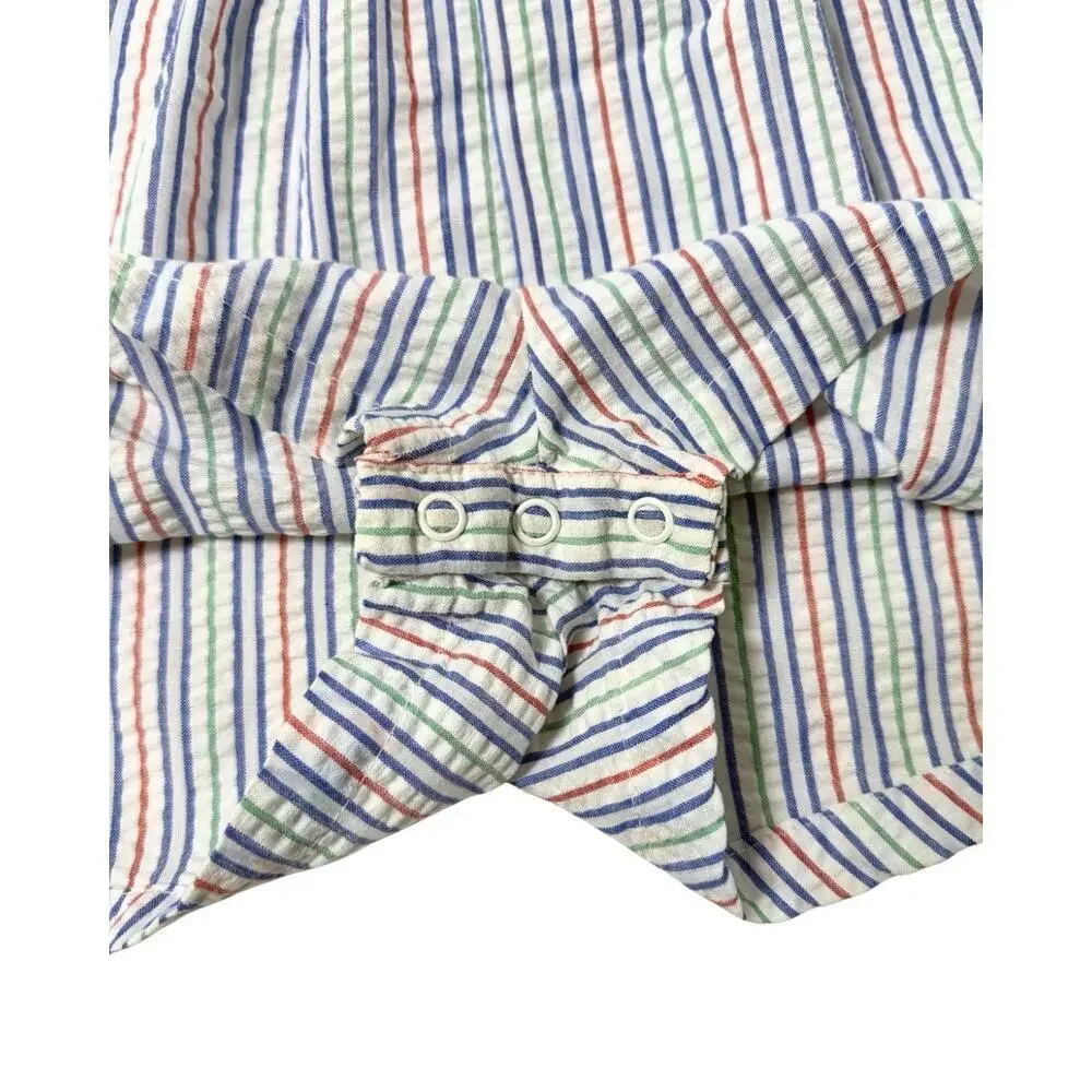 Vintage Baby Boy Seersucker Shortall Romper 18M Striped Smocked Truck Outfit